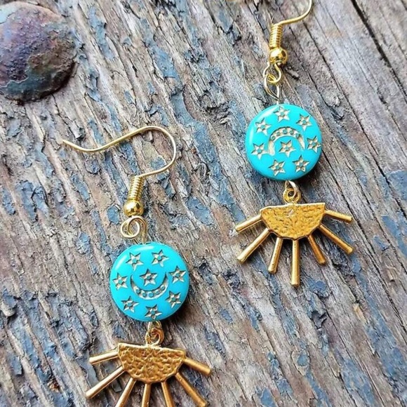 2/$30🌵 Gold Sun Turquoise Stone Crescent Moon Stars Earrings Bohemian Gift NEW - Picture 8 of 9
